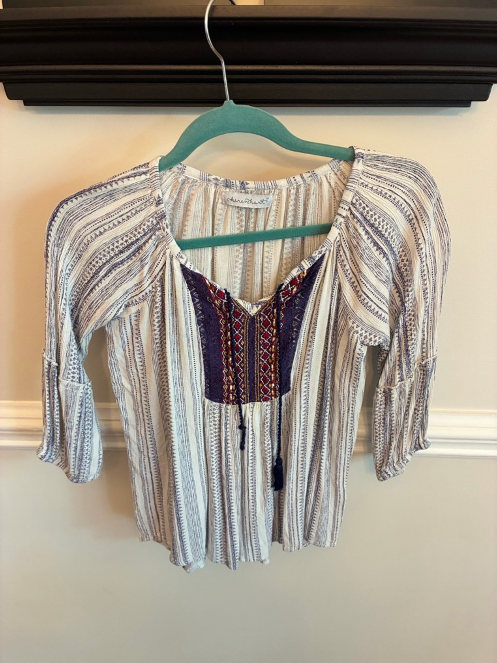 KEREN hart White & Blue Striped Boho Tunic with Embroidered Navy Yoke